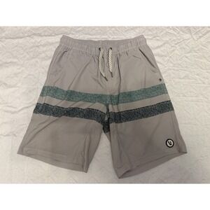 Vuori Banks Shorts Small Fog Heather Teal Stripe Lined‎ Stretch Swim Trunks